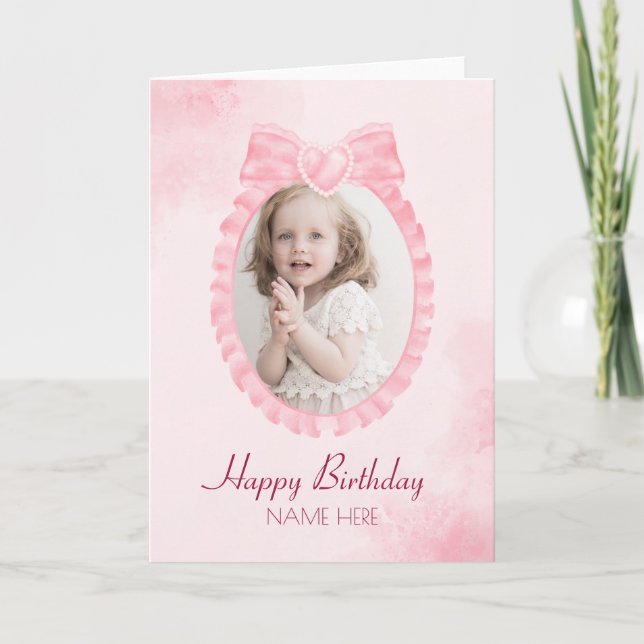 Pink sweet ribbon bow girly photo Happy Birthday  Holiday Card (Front)