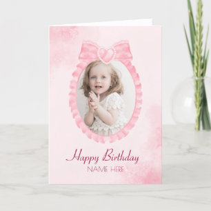 Pink sweet ribbon bow girly photo Happy Birthday Holiday Card