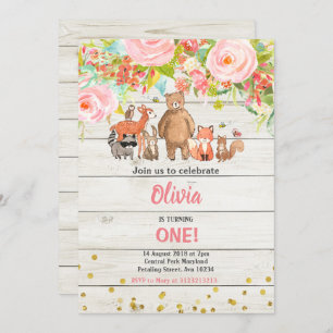 Pink Sweet Rustic Woodland Animal 1st Birthday Invitation