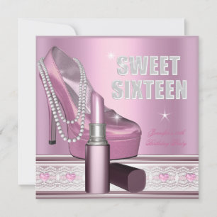 Pink Sweet Sixteen 16 Party Shoe Lipstick Invitation