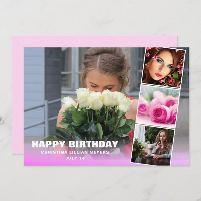 Pink Sweet Sixteen Birthday Photo Collage Card (Front/Back)