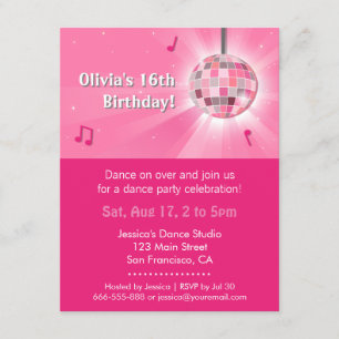 Pink Sweet Sixteen Disco Dance Birthday Party Invitation