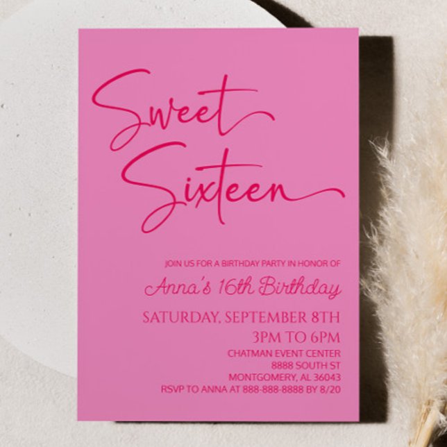 Pink Sweet Sixteen Minimal 16th Birthday Party Invitation (Creator Uploaded)