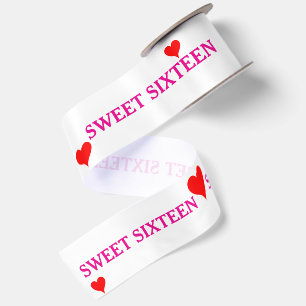Pink Sweet Sixteen Red Hearts 3" Satin Ribbon