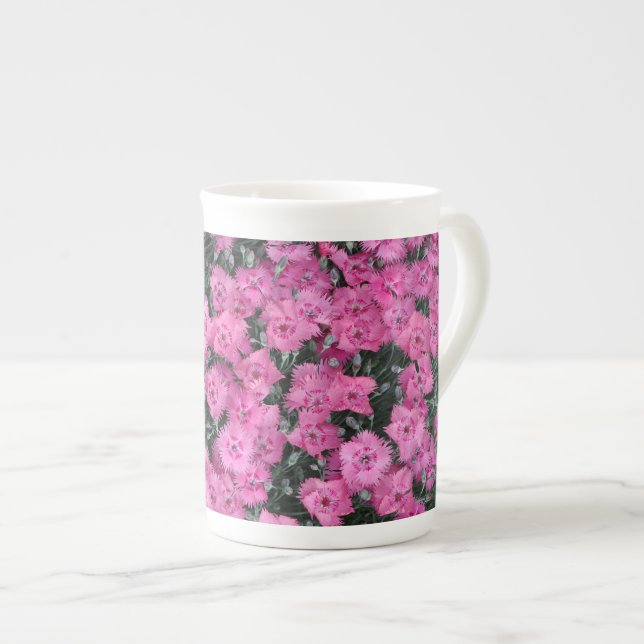 Pink sweet william flowers bone china mug (Front Right)