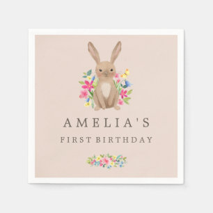 Pink Sweet Woodland Bunny First Birthday Napkin