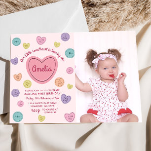 Pink Sweetheart Candy Valentine Birthday Photo Invitation