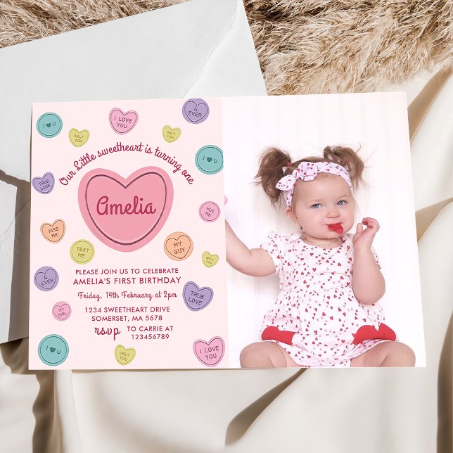 Pink Sweetheart Candy Valentine Birthday Photo Invitation (Creator Uploaded)