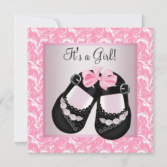 Pink Swirl Black Shoes Pink Black Baby Girl Shower Invitation (Front)