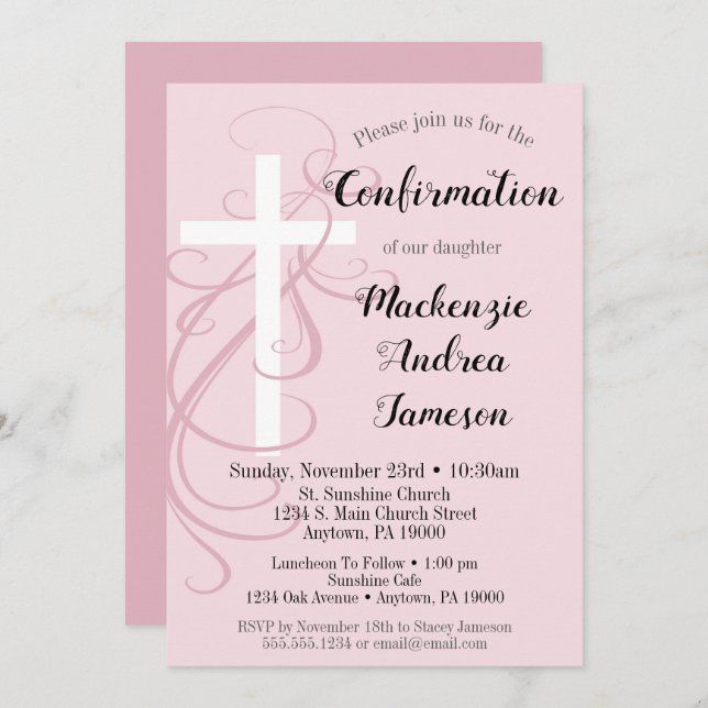 Pink Swirl Cross Confirmation Invitation Girl (Front/Back)