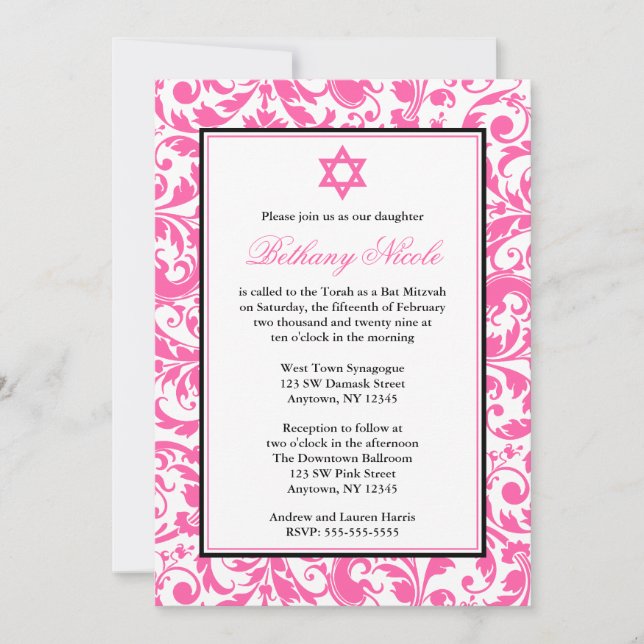 Pink Swirl Damask Bat Mitzvah Invitations (Front)
