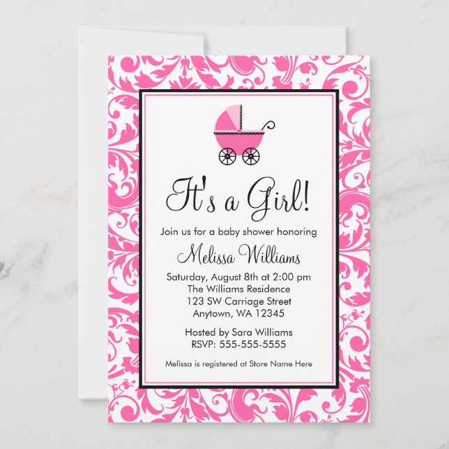 Pink Swirl Damask Carriage Girl Baby Shower Invitation (Front)