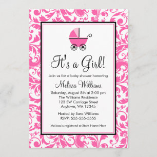 Pink Swirl Damask Carriage Girl Baby Shower Invitation
