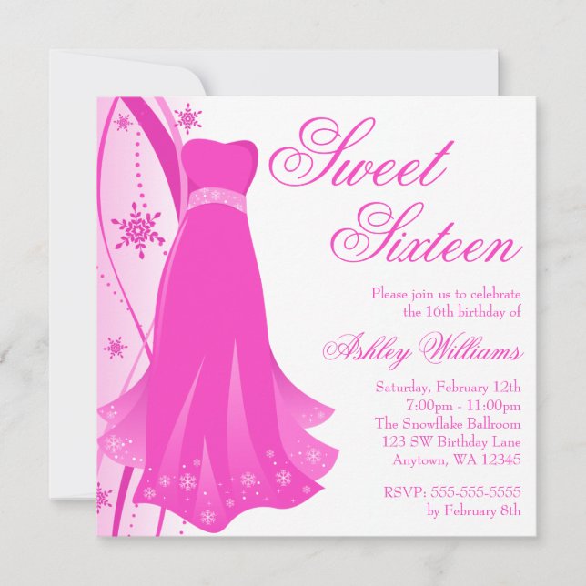 Pink Swirl Dress Winter Wonderland Sweet 16 Invitation (Front)