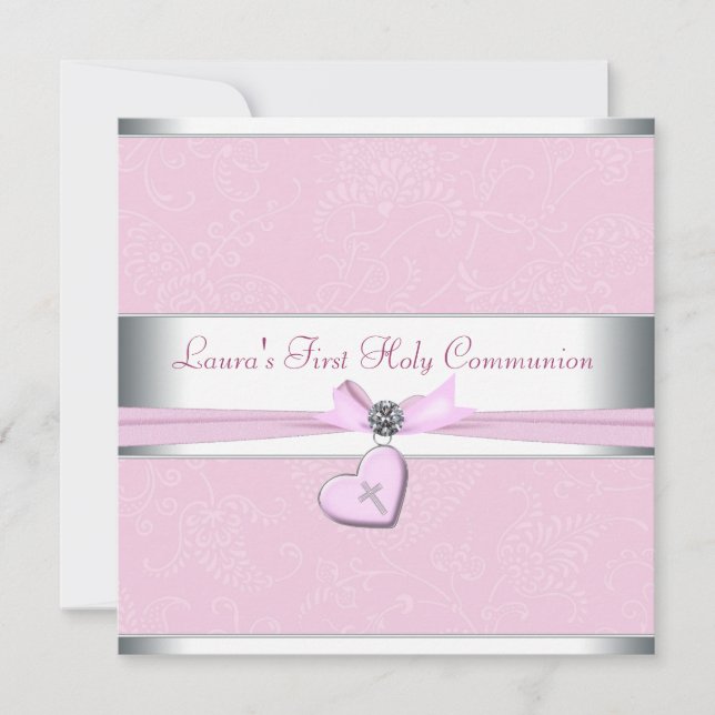 Pink Swirl Heart Pink Cross First Communion Invitation (Front)