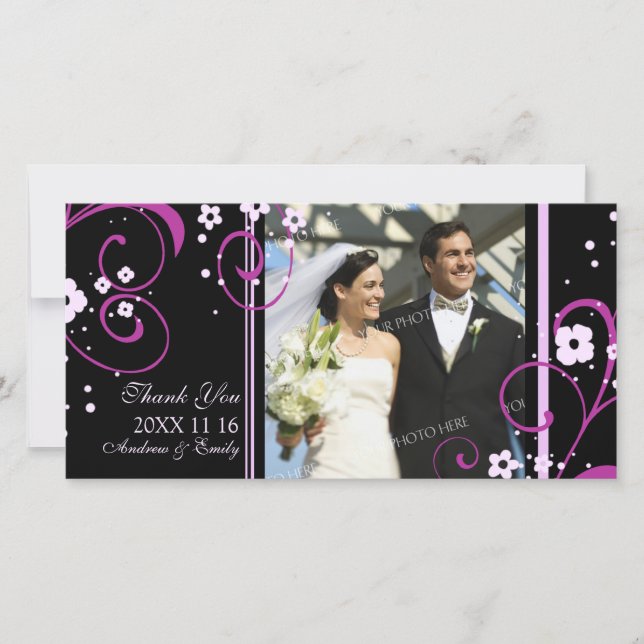 Pink Swirl Thank You Wedding Photo Cards (Front)