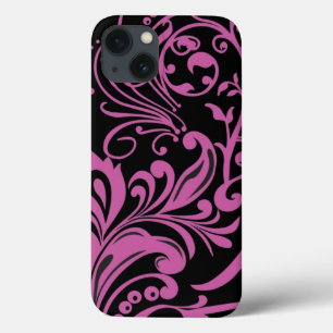 Pink Swirling Damask Pattern on Black iPhone 13 Case