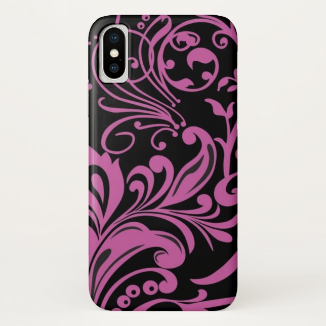 Pink Swirling Damask Pattern on Black Case-Mate iPhone Case (Back)