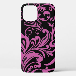 Pink Swirling Damask Pattern on Black iPhone 12 Case