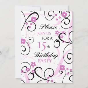 Pink Swirls 15th Birthday Party Invitation Card