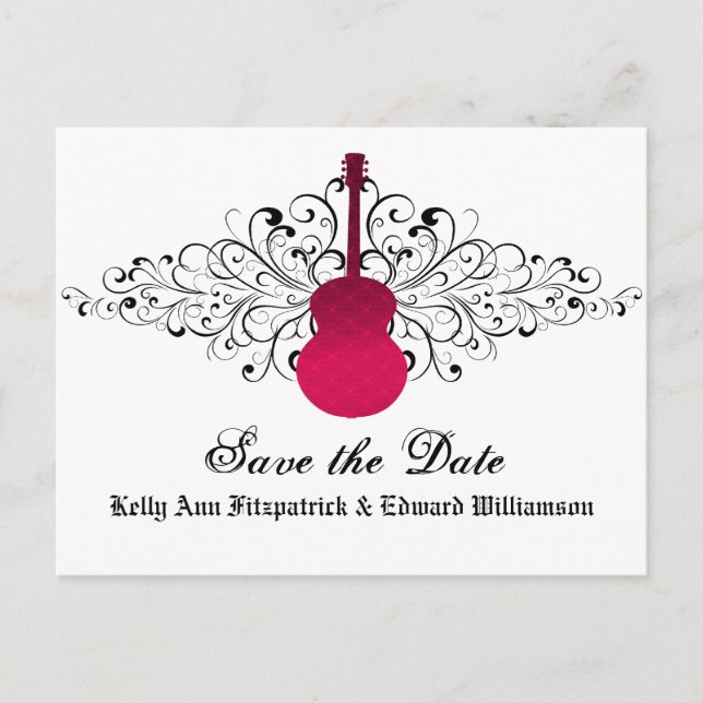 Pink Swirls Guitar Save the Date Postcard (Front)