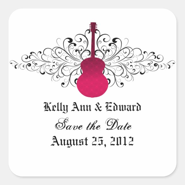 Pink Swirls Guitar Save the Date Stickers (Front)