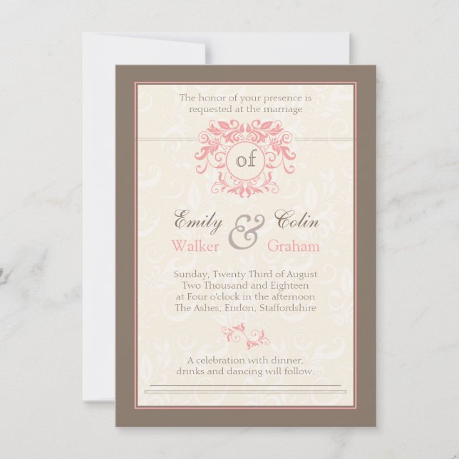 Pink swirls on pale cream damask Wedding Invitation (Front)