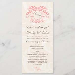 Pink swirls on pale cream damask Wedding Program
