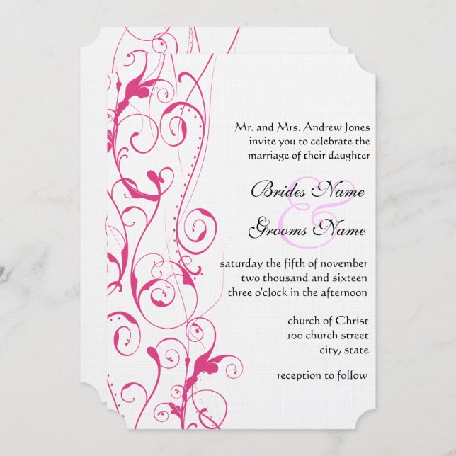 Pink Swirls Wedding Invitations Budget Sized Small (Front/Back)
