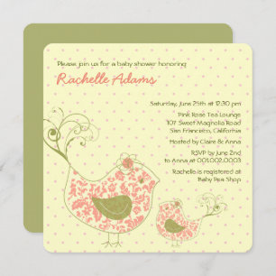 Pink Swirly Mum & Baby Bird Baby Shower Invitation