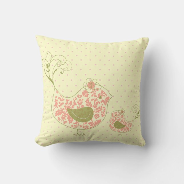 Pink Swirly Mum & Baby Bird  Whimsical Cushion (Front)