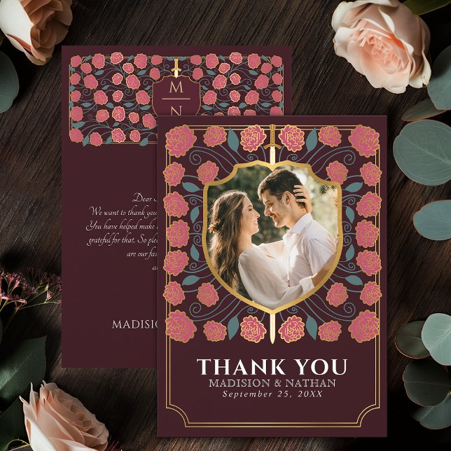 Pink Sword & Shield Mediaeval Fantasy Wedding Thank You Card (Creator Uploaded)