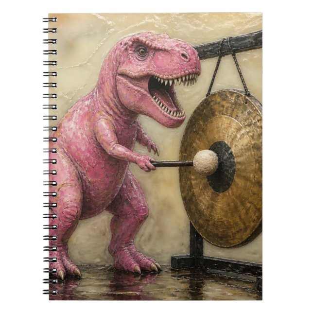 Pink T-Rex Bangs a Gong Notebook (Front)