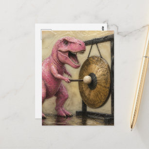 Pink T-Rex Bangs a Gong Postcard
