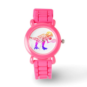 Pink T-Rex Dinosaur With Tennis Racket Watch
