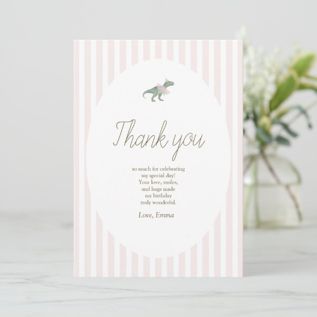 Pink T Rex Tutu Girl Birthday Thank You card (Standing Front)