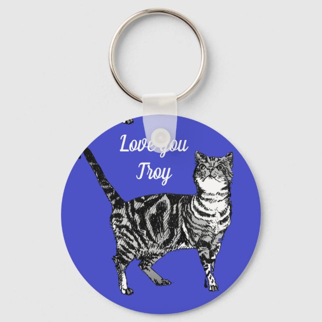 Pink Tabby Cat Cats Navy Blue Mans Name Key Ring (Front)