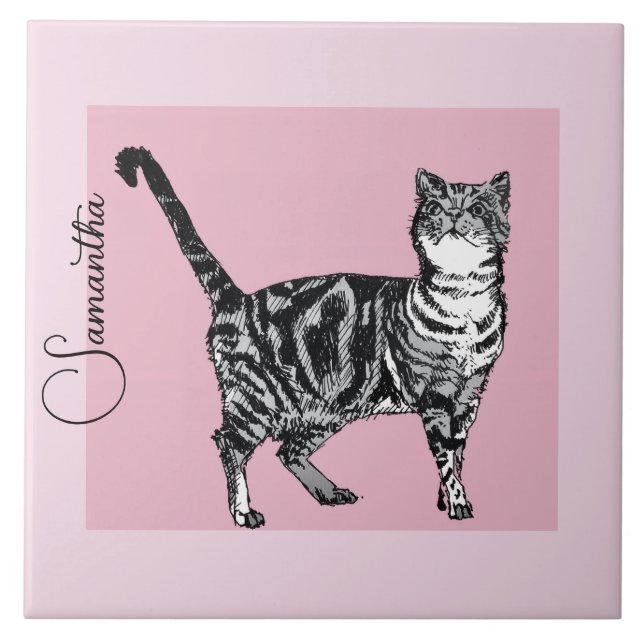 Pink Tabby Cat Cats Pastel Pink Girls Name Ceramic Tile (Front)