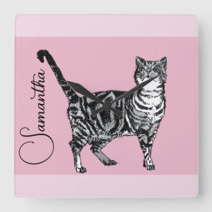 Pink Tabby Cat Cats Pink Girls Name Nursery Square Wall Clock