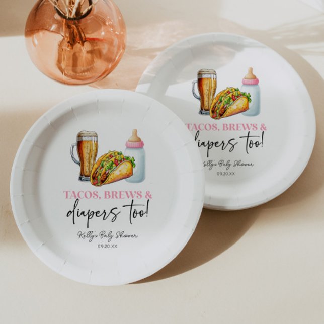 Pink Tacos Brews and Diapers Too! Baby Shower Paper Plate (Creator Uploaded)