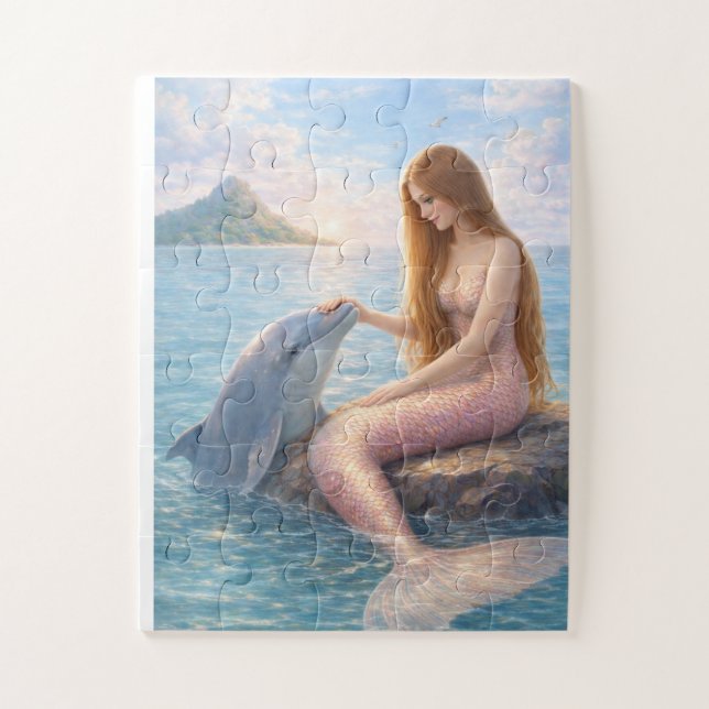 Pink Tail Mermaid & Dolphin Jigsaw Puzzle (Vertical)