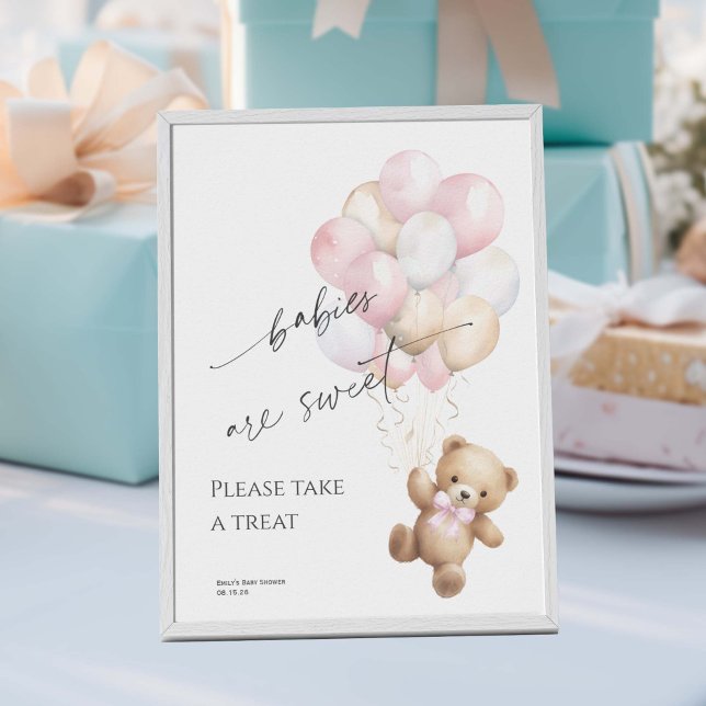 pink Take a Treat Girl Shower Bearly wait Themed Poster (Pink Bearly wait, Baby Girl Shower Favor Sign.)