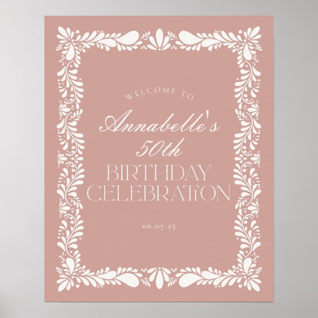 Pink Talavera Tile Fiesta Birthday Party Welcome Poster (Front)
