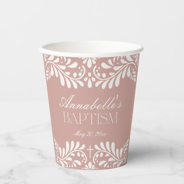Pink Talavera Tile Spanish Style Fiesta Baptism Paper Cups (Front)