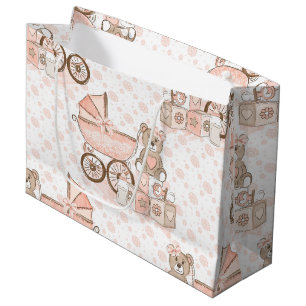 PINK & TAN BABY GIRL PRAM BEAR BLOCKS LARGE GIFT BAG
