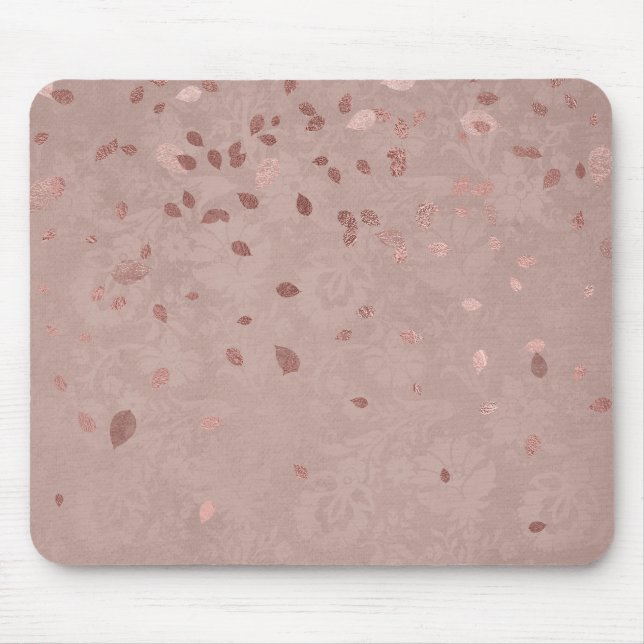 Pink Tan Brown Shiny Gold Elegant Random Leaves Mouse Pad (Front)