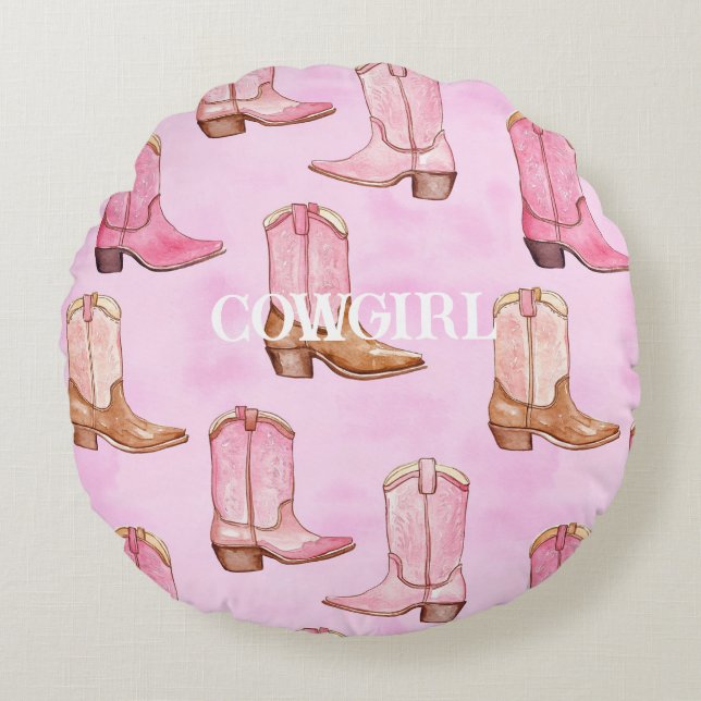 Pink Tan Cowgirl Boots Birthday Round Cushion (Front)