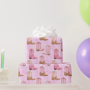 Pink Tan Cowgirl Boots Birthday Wrapping Paper