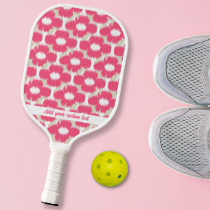 Pink Tan Floral Ikat Pattern Custom Text Name Pickleball Paddle