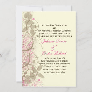 Pink Tan Grunge Swirls Leaves Wedding Invitation